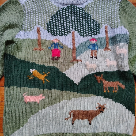 90s Vintage Handmade Wool Sweater Garden Farm Scene Handknit Medium Large - Picture 2 of 7
